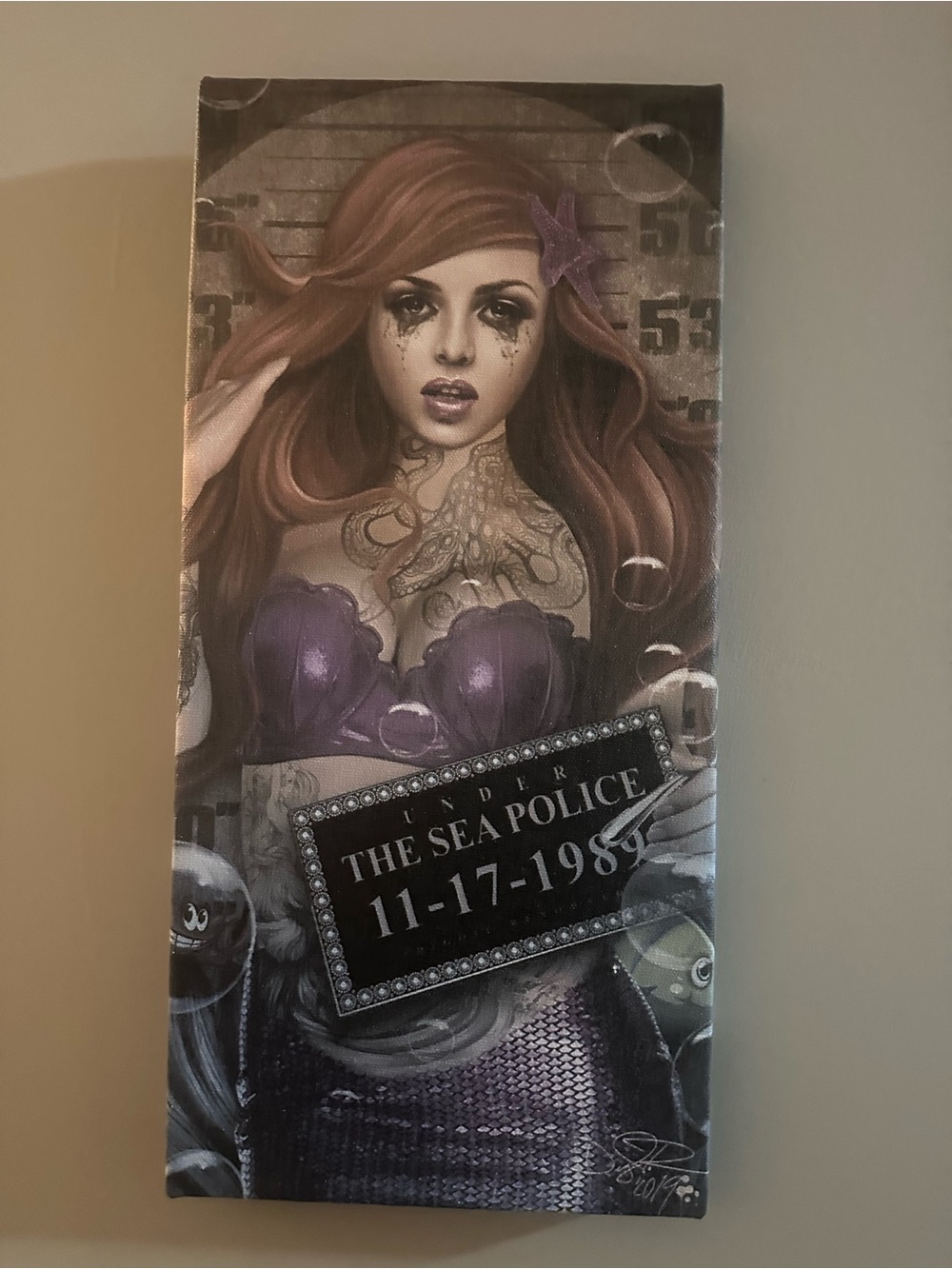 Fairytale Mermaid Mugshot Canvas – Tattooed Sea Princess Wall Art (14.5” × 7”)